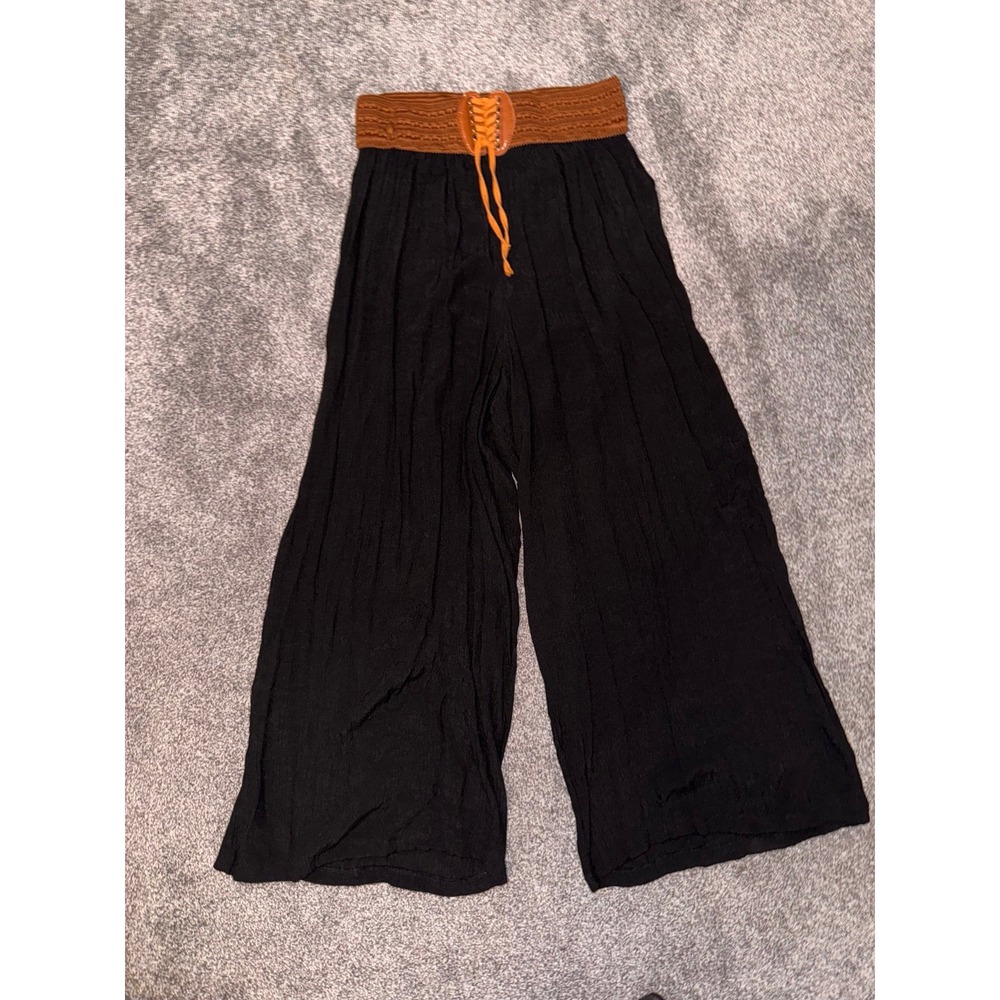Women's Black Wide Leg Pants with Brown Woven Belt‎